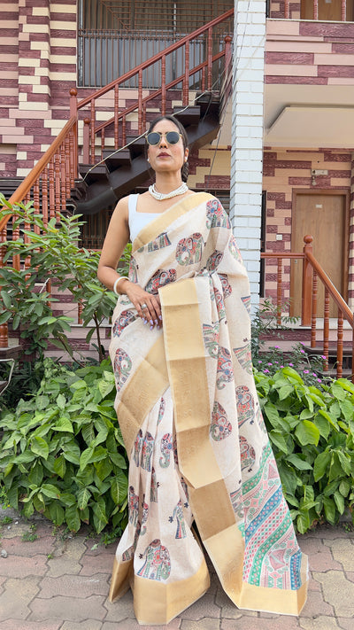 Radiant beige colour Printed Dola Silk Saree With comely Blouse Piece